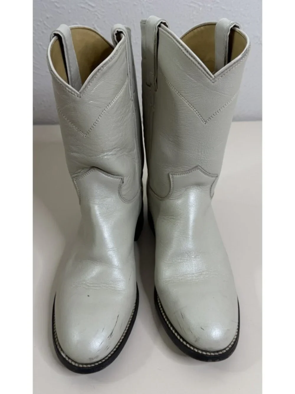 VTG Justin 3D Youth Off White Grayish Leather Roper Boots Western GUC